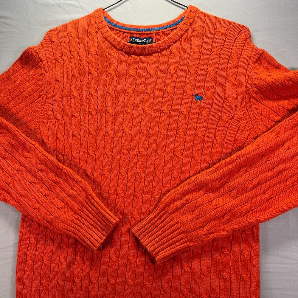 Aeropostale Sweater Mens Large Orange Cable Knit Fisherman Wool Blend Y2K